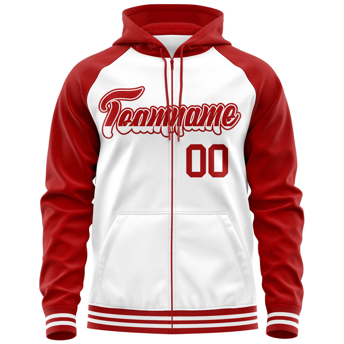 Custom Stitched White Red Raglan Sleeves Sports Full-Zip Sweatshirt Hoodie| KXKSHOP