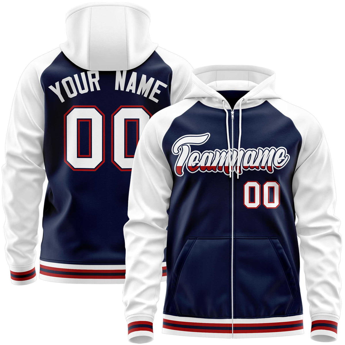 Custom Stitched Navy White Raglan Sleeves Sports Full-Zip Sweatshirt Hoodie| KXKSHOP