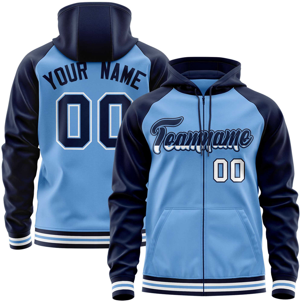 Custom Stitched Powder Blue Navy Raglan Sleeves Sports Full-Zip Sweatshirt Hoodie| KXKSHOP