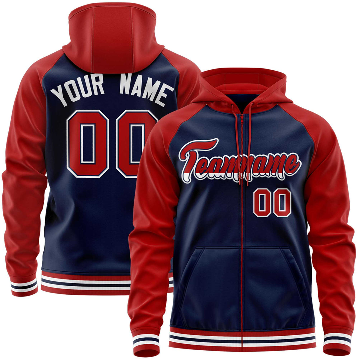 Custom Stitched Navy Red Raglan Sleeves Sports Full-Zip Sweatshirt Hoodie| KXKSHOP