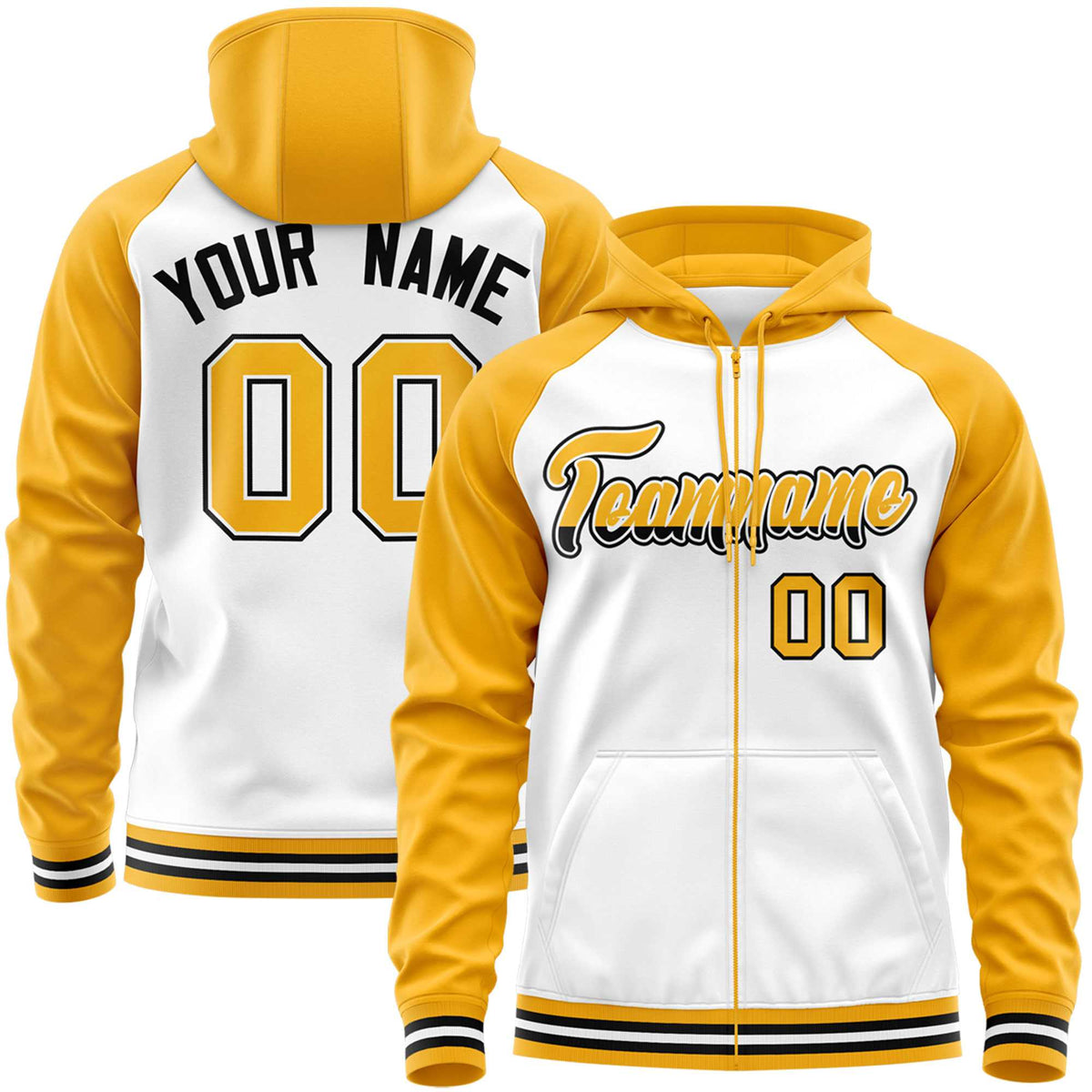 Custom Stitched White Yellow Raglan Sleeves Sports Full-Zip Sweatshirt Hoodie| KXKSHOP