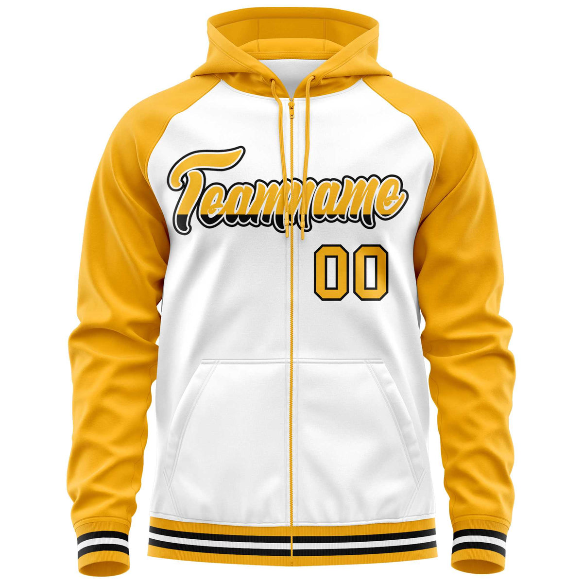 Custom Stitched White Yellow Raglan Sleeves Sports Full-Zip Sweatshirt Hoodie| KXKSHOP