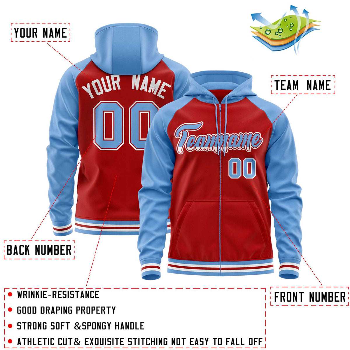 Custom Stitched Red Powder Blue Raglan Sleeves Sports Full-Zip Sweatshirt Hoodie| KXKSHOP