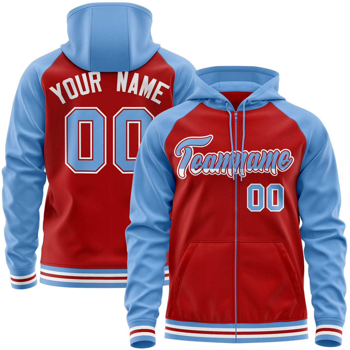 Custom Stitched Red Powder Blue Raglan Sleeves Sports Full-Zip Sweatshirt Hoodie| KXKSHOP