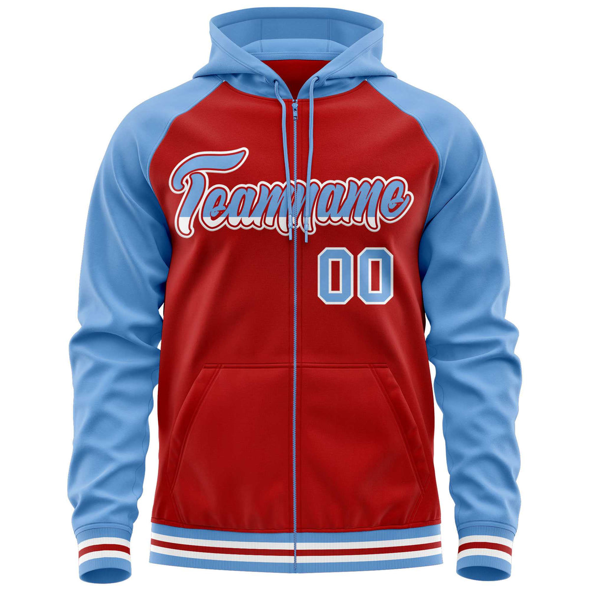 Custom Stitched Red Powder Blue Raglan Sleeves Sports Full-Zip Sweatshirt Hoodie| KXKSHOP