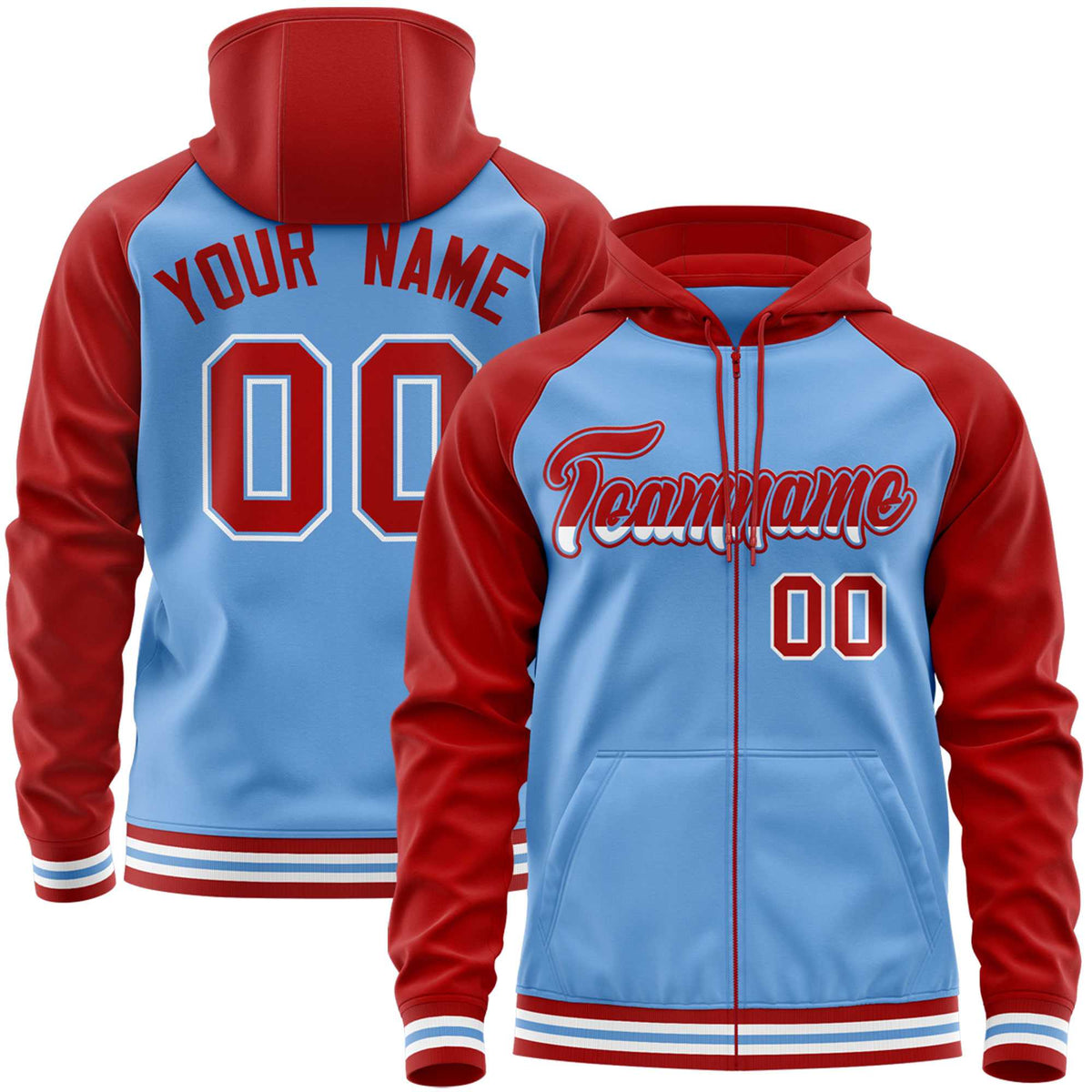 Custom Stitched Powder Blue Red Raglan Sleeves Sports Full-Zip Sweatshirt Hoodie| KXKSHOP