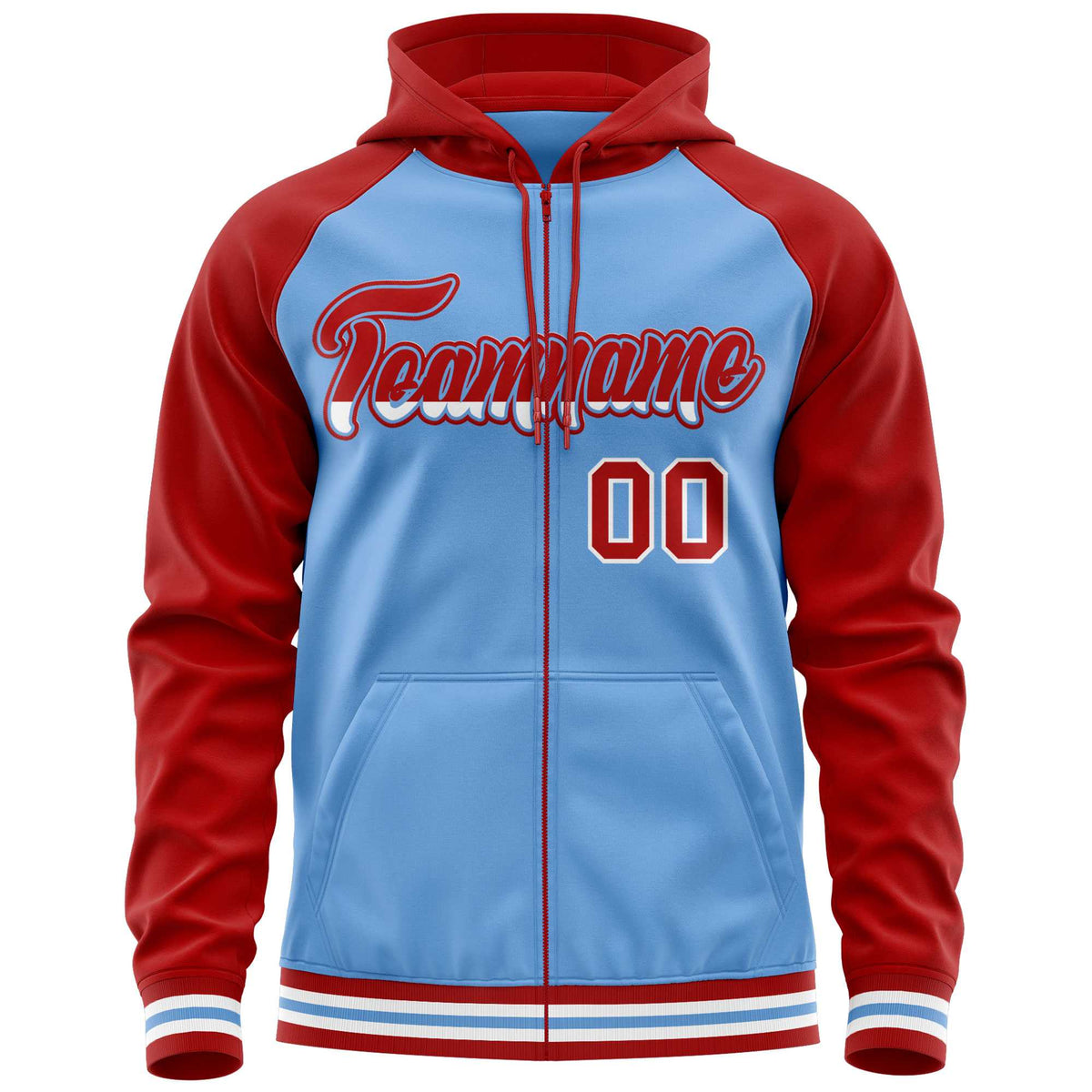Custom Stitched Powder Blue Red Raglan Sleeves Sports Full-Zip Sweatshirt Hoodie| KXKSHOP