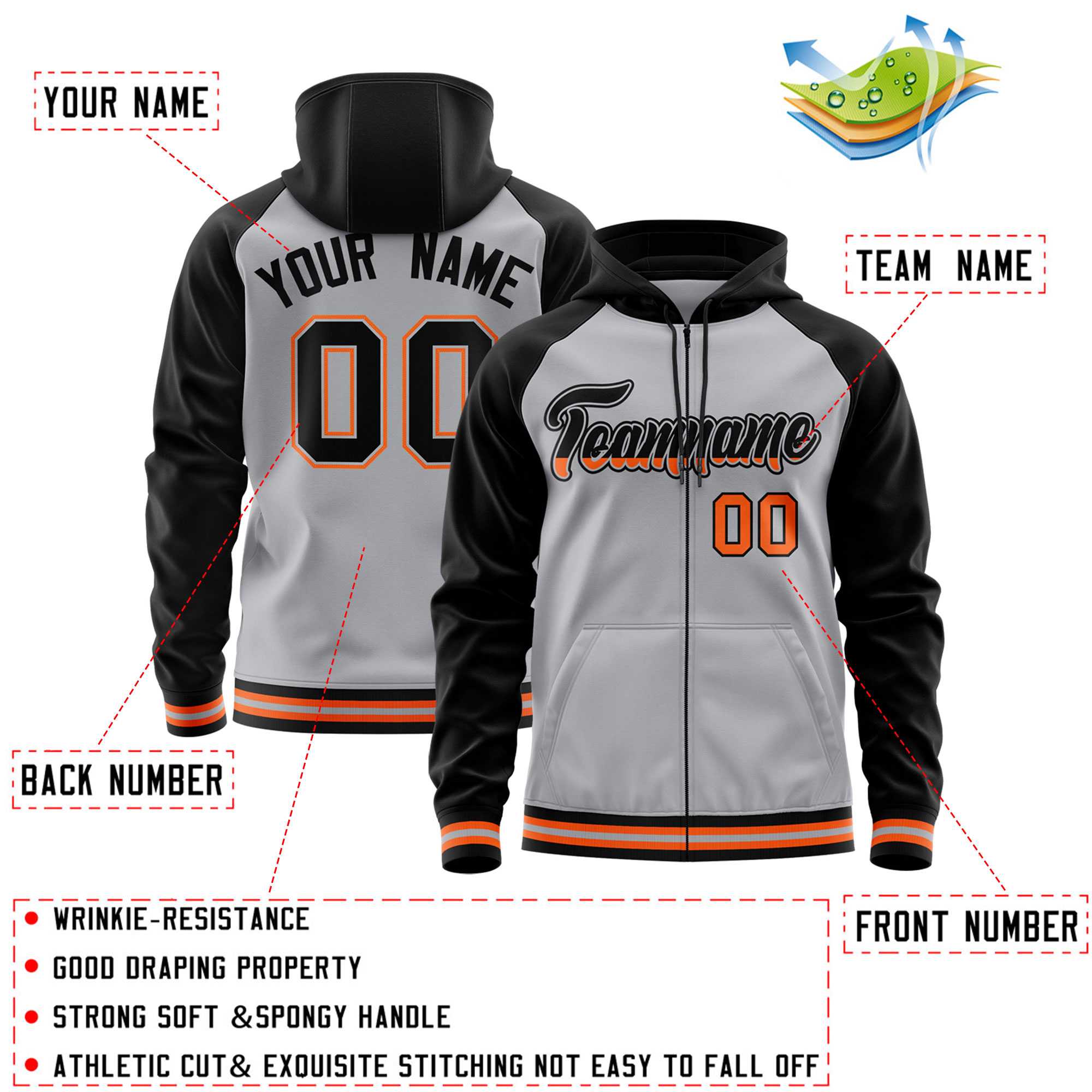 Custom Stitched Gray Black Raglan Sleeves Sports Full-Zip Sweatshirt Hoodie| KXKSHOP