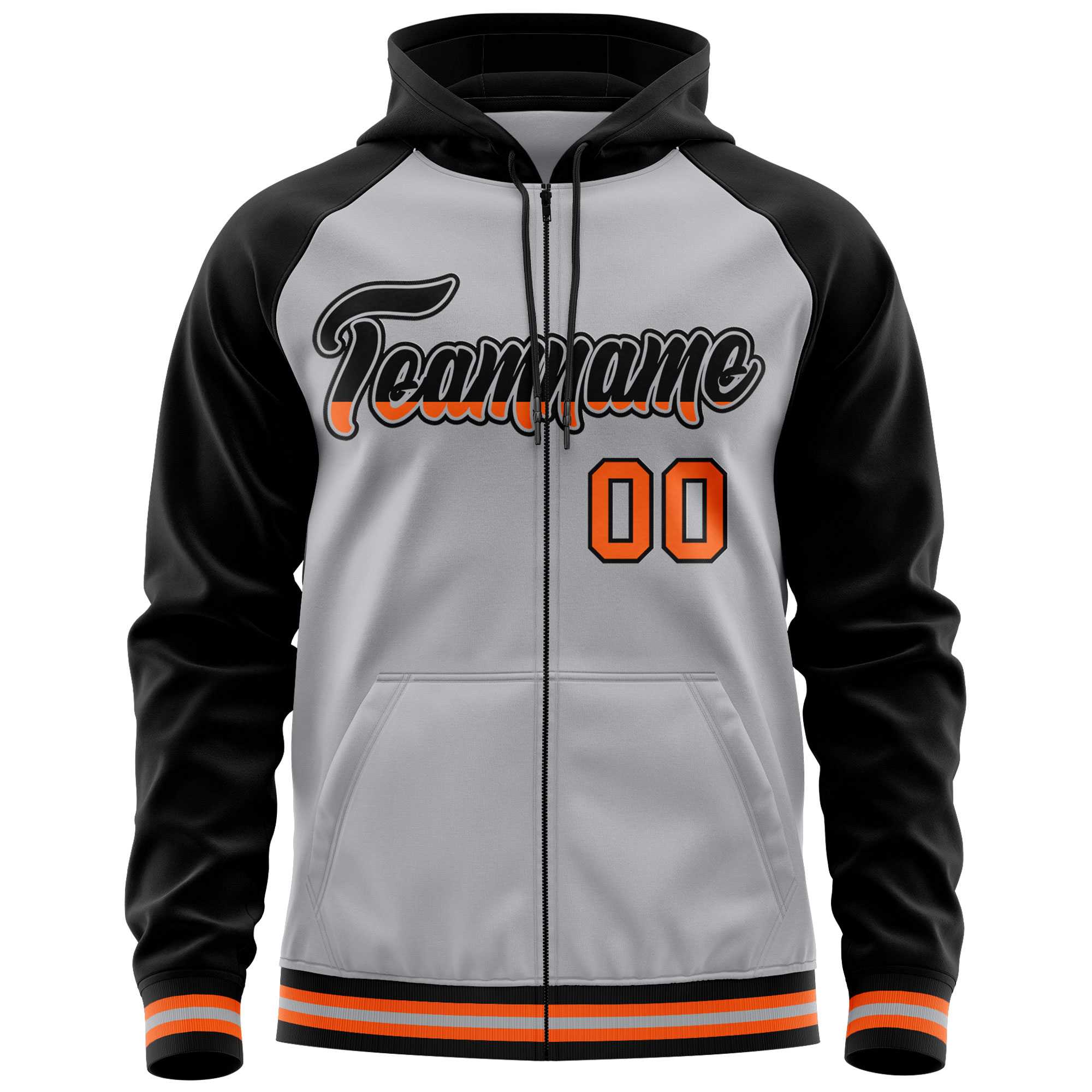 Custom Stitched Gray Black Raglan Sleeves Sports Full-Zip Sweatshirt Hoodie| KXKSHOP
