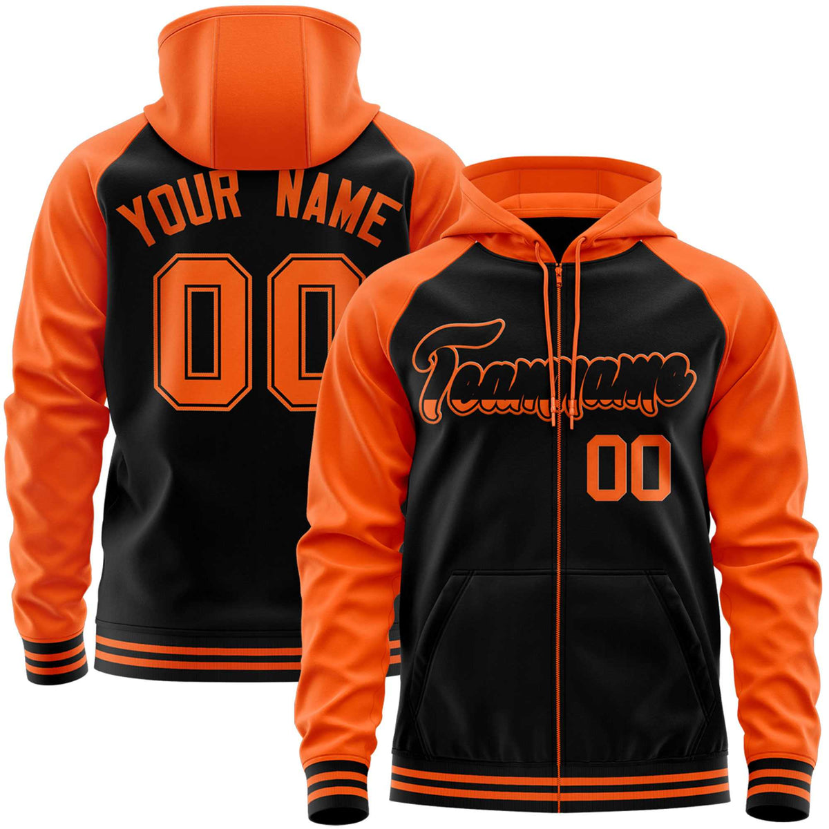 Custom Stitched Black Orange Raglan Sleeves Sports Full-Zip Sweatshirt Hoodie| KXKSHOP