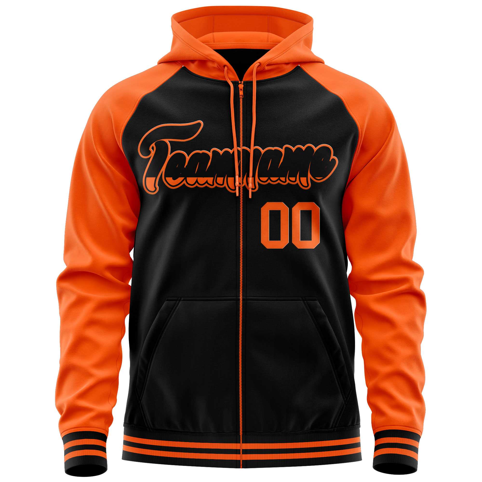 Custom Stitched Black Orange Raglan Sleeves Sports Full-Zip Sweatshirt Hoodie| KXKSHOP