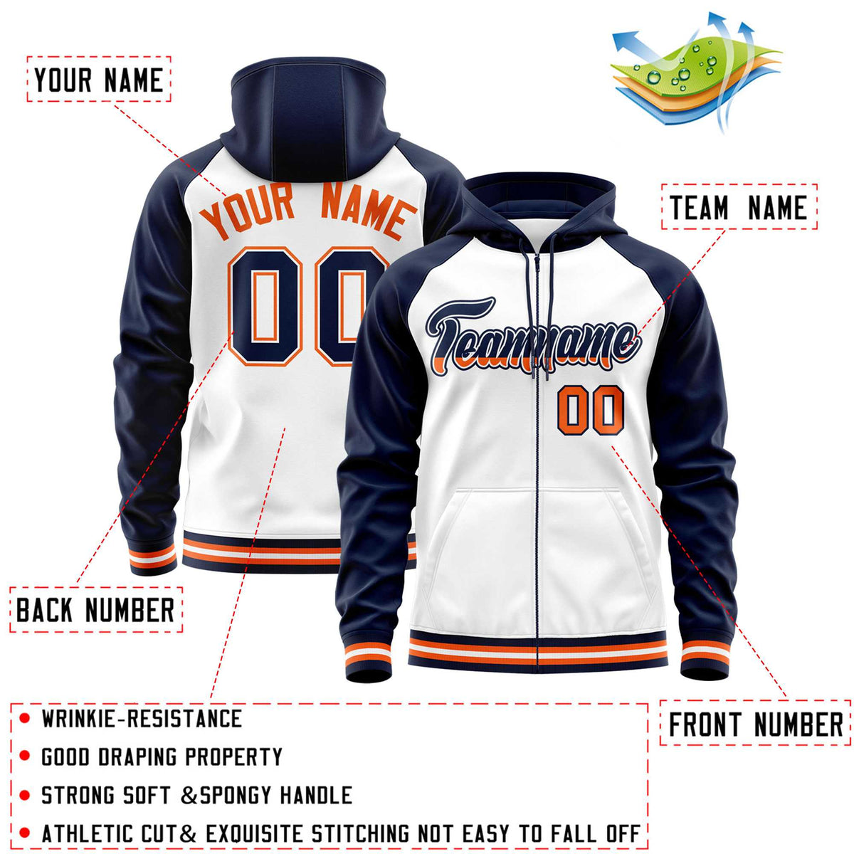 Custom Stitched White Navy Raglan Sleeves Sports Full-Zip Sweatshirt Hoodie| KXKSHOP