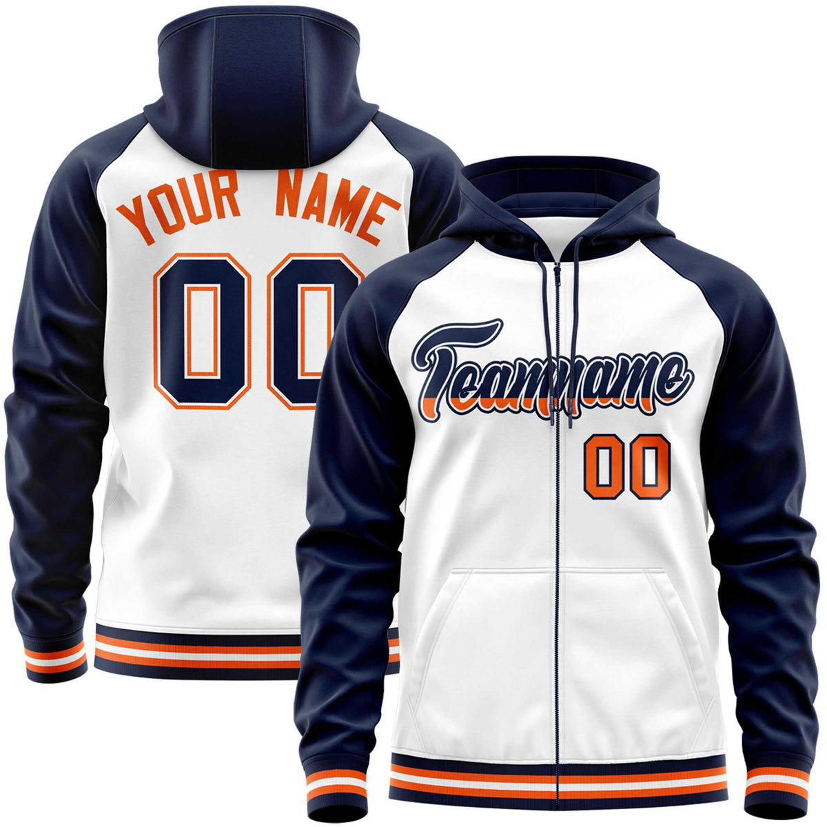 Custom Stitched White Navy Raglan Sleeves Sports Full-Zip Sweatshirt Hoodie| KXKSHOP