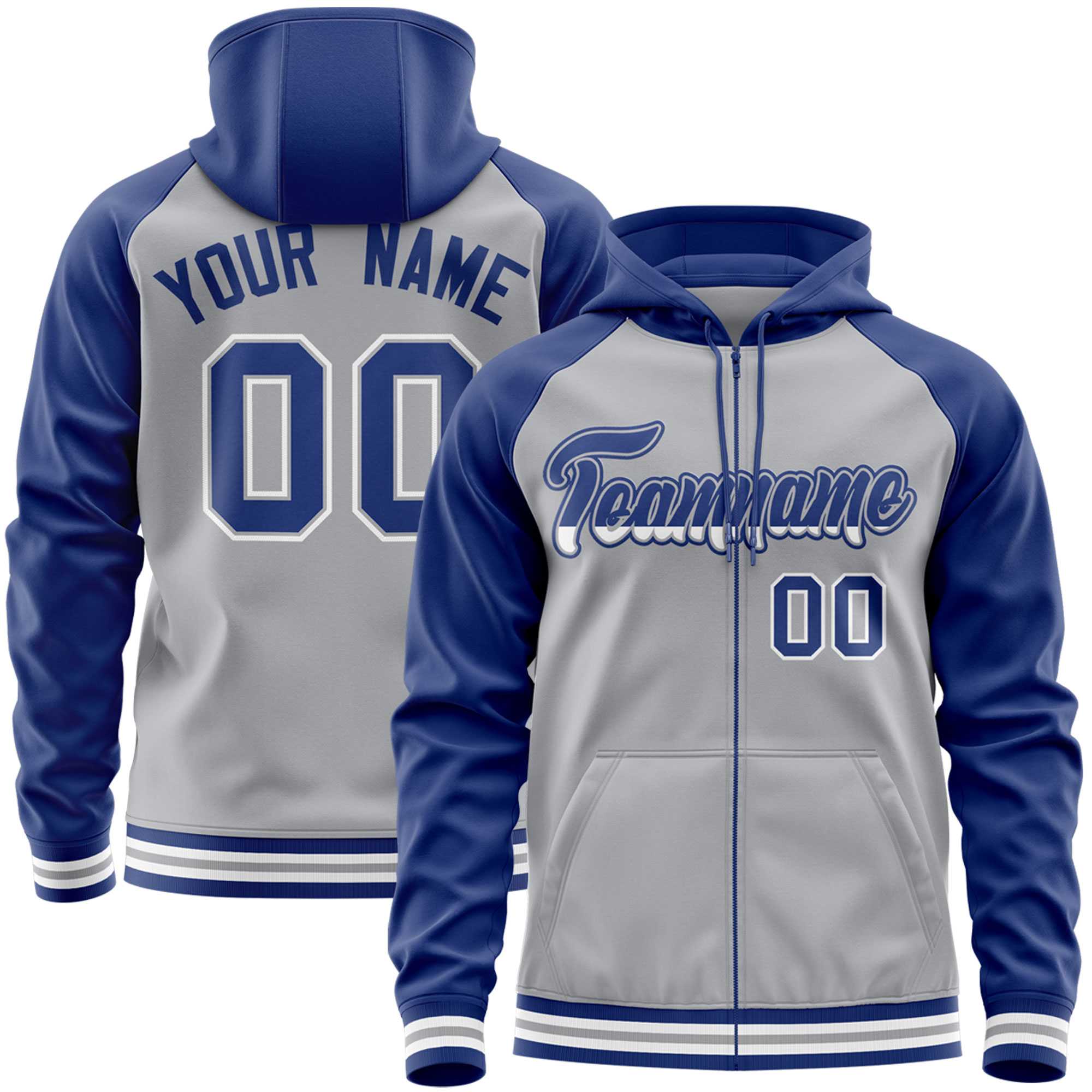 Custom Stitched Gray Royal Raglan Sleeves Sports Full-Zip Sweatshirt Hoodie| KXKSHOP