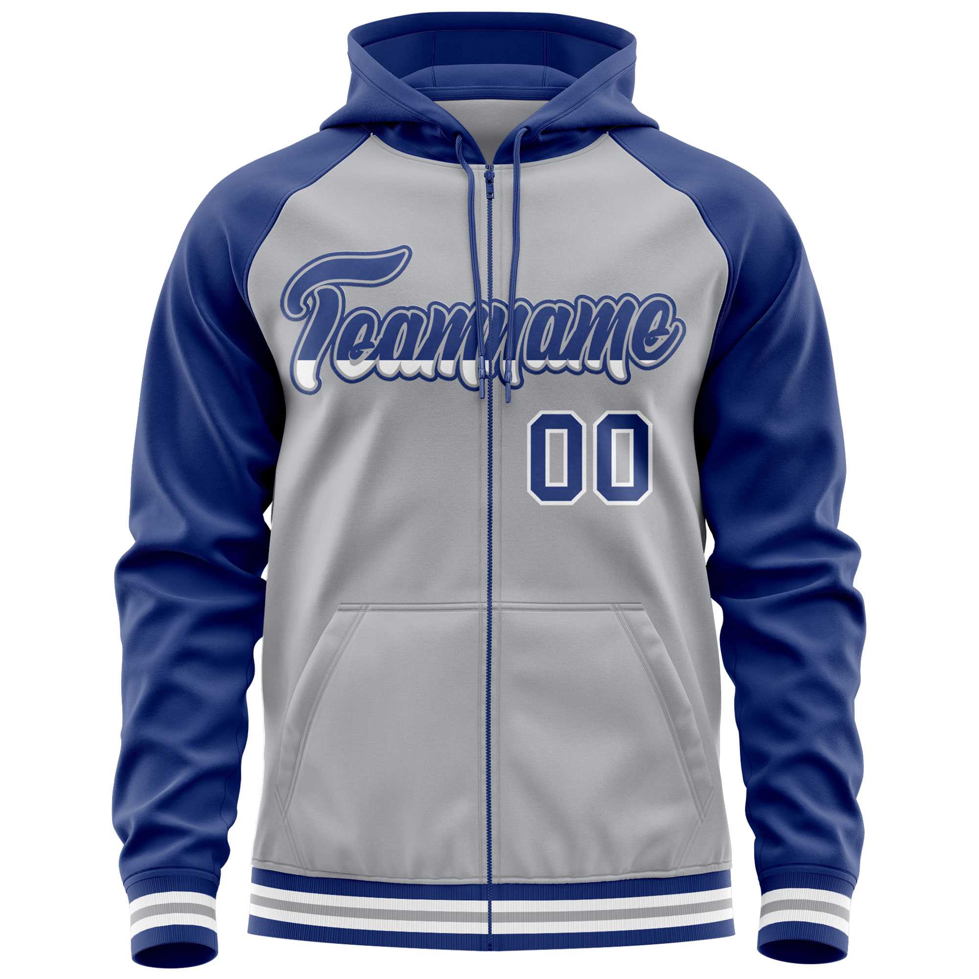 Custom Stitched Gray Royal Raglan Sleeves Sports Full-Zip Sweatshirt Hoodie| KXKSHOP