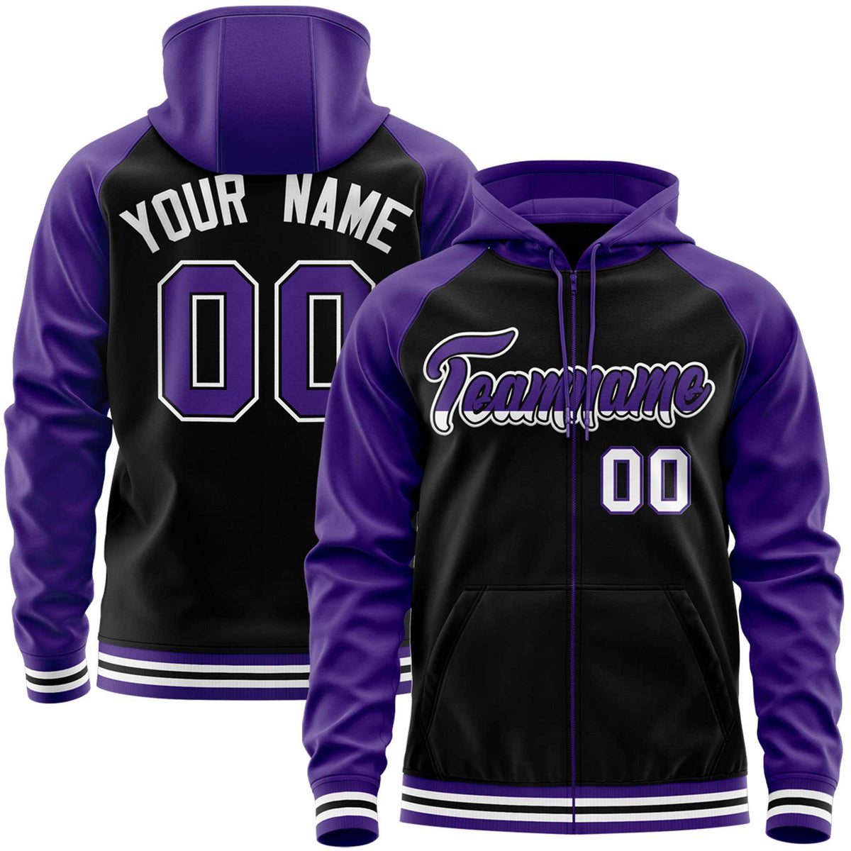 Custom Stitched Black Purple Raglan Sleeves Sports Full-Zip Sweatshirt Hoodie| KXKSHOP