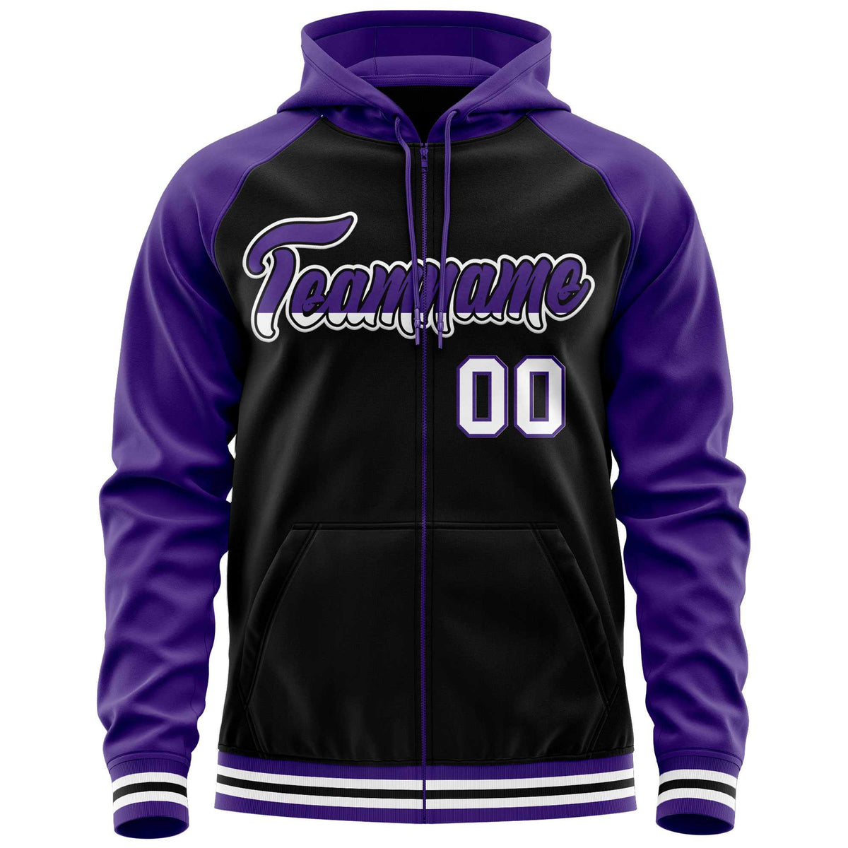 Custom Stitched Black Purple Raglan Sleeves Sports Full-Zip Sweatshirt Hoodie| KXKSHOP