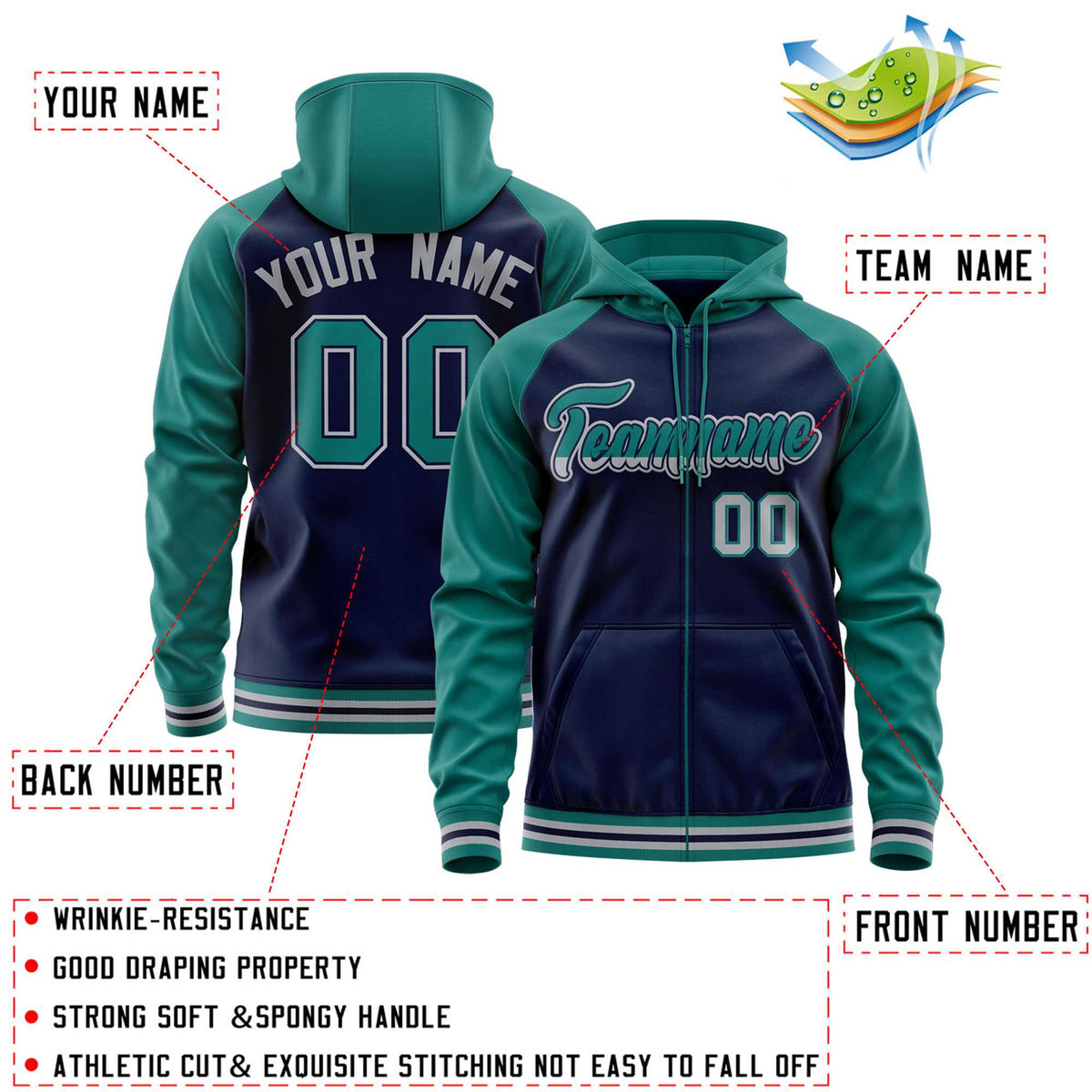 Custom Stitched Navy Aqua Raglan Sleeves Sports Full-Zip Sweatshirt Hoodie| KXKSHOP