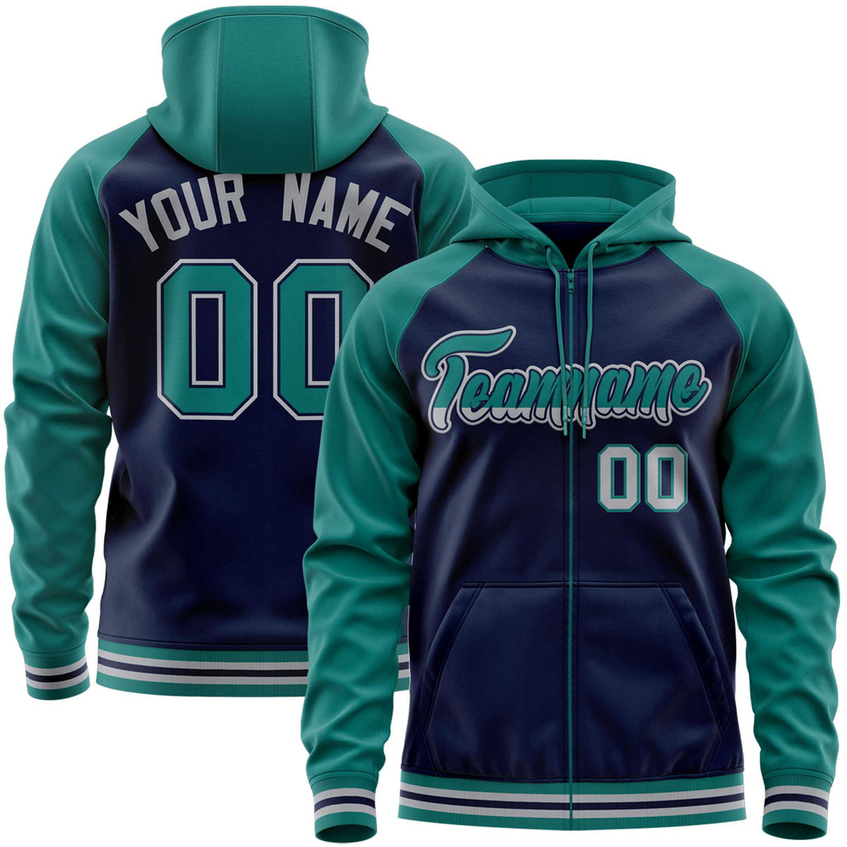 Custom Stitched Navy Aqua Raglan Sleeves Sports Full-Zip Sweatshirt Hoodie| KXKSHOP