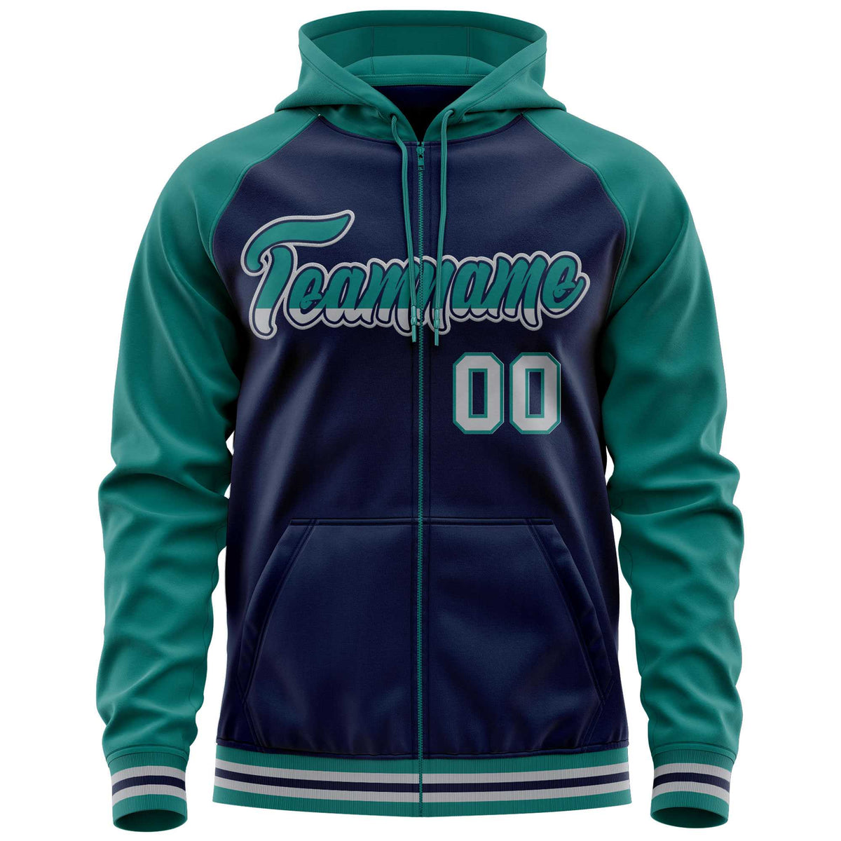 Custom Stitched Navy Aqua Raglan Sleeves Sports Full-Zip Sweatshirt Hoodie| KXKSHOP