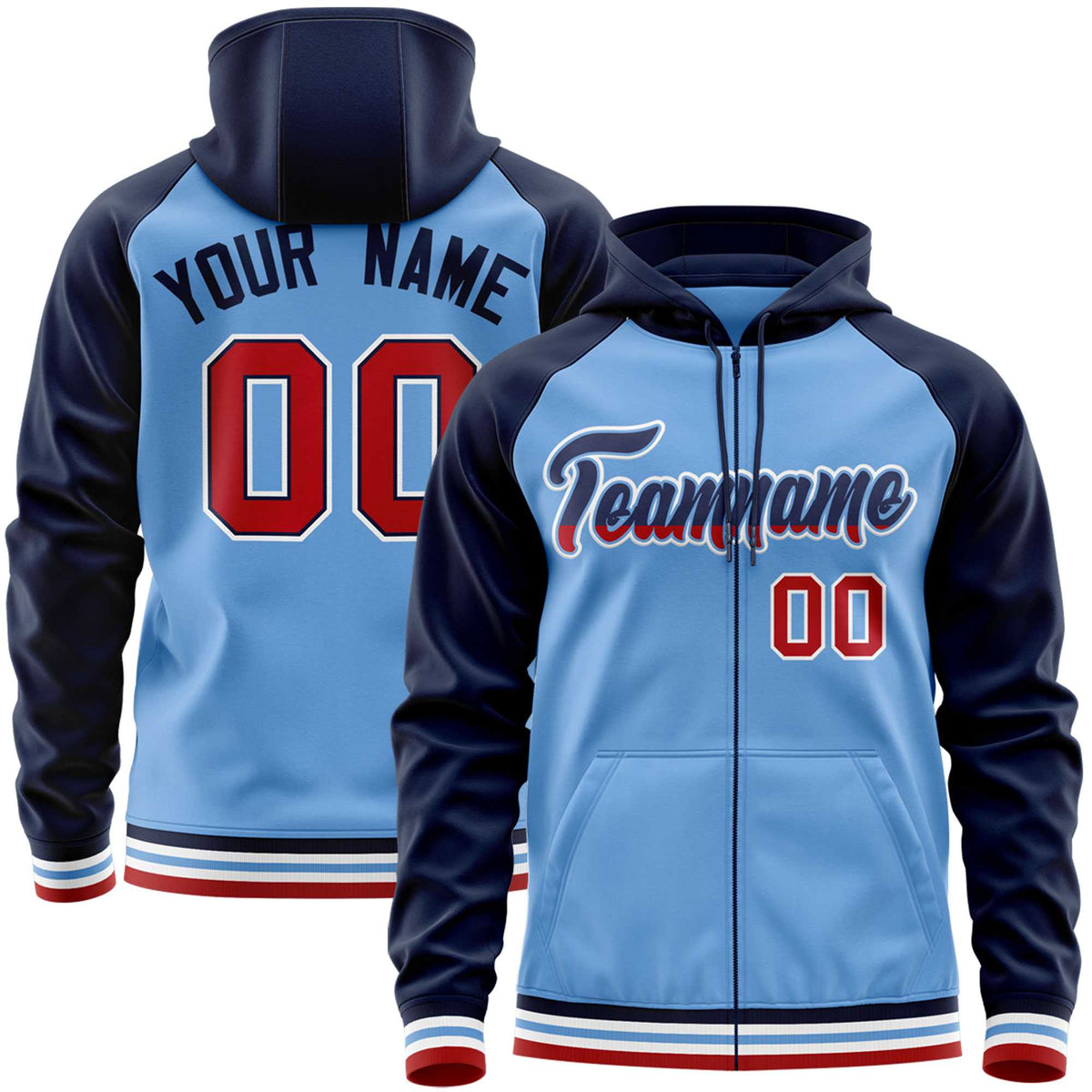 Custom Stitched Powder Blue Navy Raglan Sleeves Sports Full-Zip Sweatshirt Hoodie| KXKSHOP