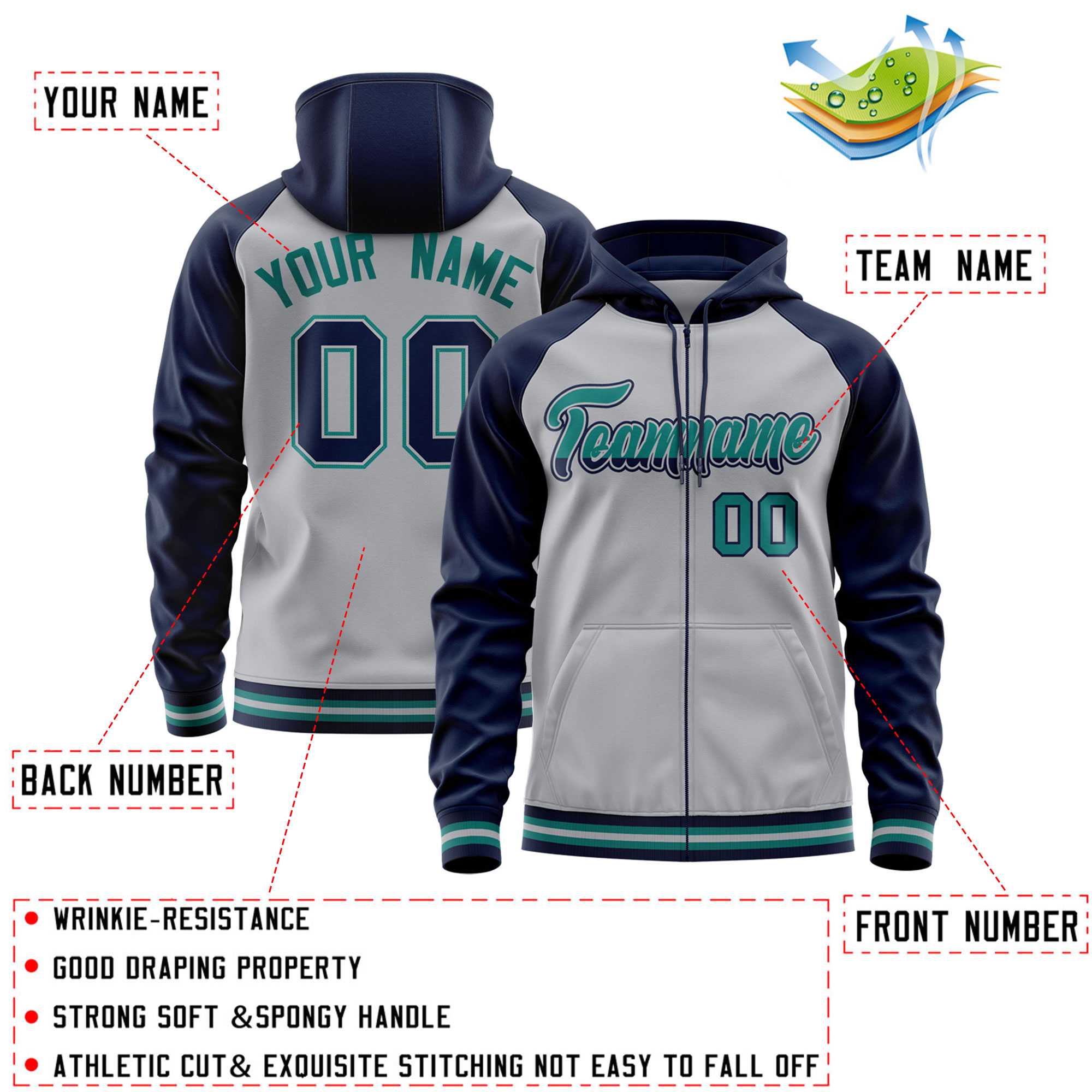 Custom Stitched Gray Navy Raglan Sleeves Sports Full-Zip Sweatshirt Hoodie| KXKSHOP