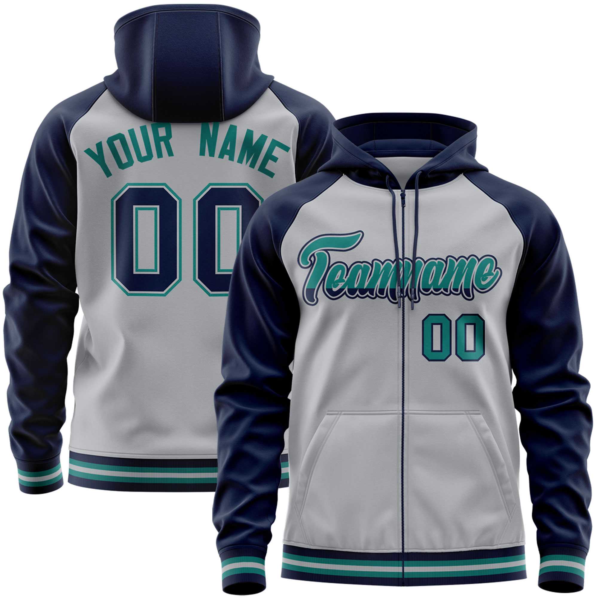 Custom Stitched Gray Navy Raglan Sleeves Sports Full-Zip Sweatshirt Hoodie| KXKSHOP