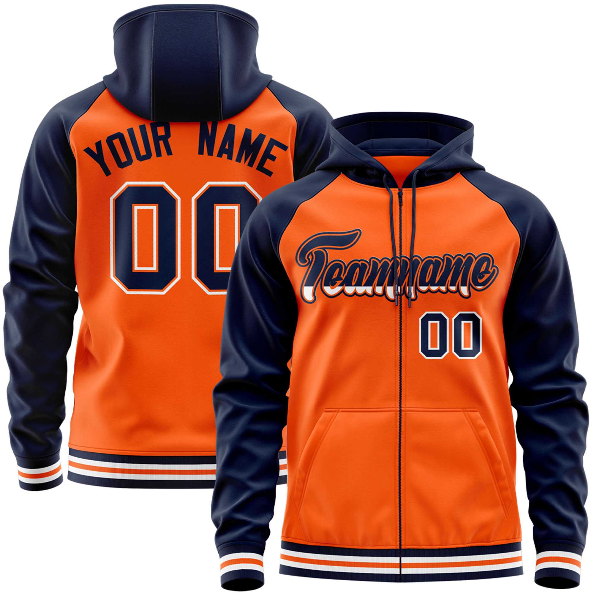 Custom Stitched Orange Navy Raglan Sleeves Sports Full-Zip Sweatshirt Hoodie| KXKSHOP