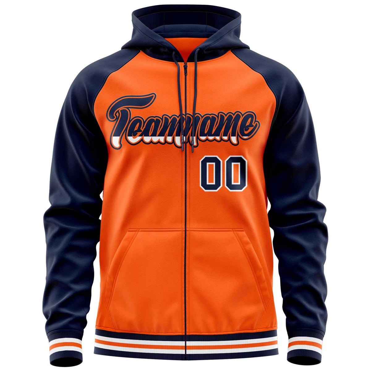 Custom Stitched Orange Navy Raglan Sleeves Sports Full-Zip Sweatshirt Hoodie| KXKSHOP