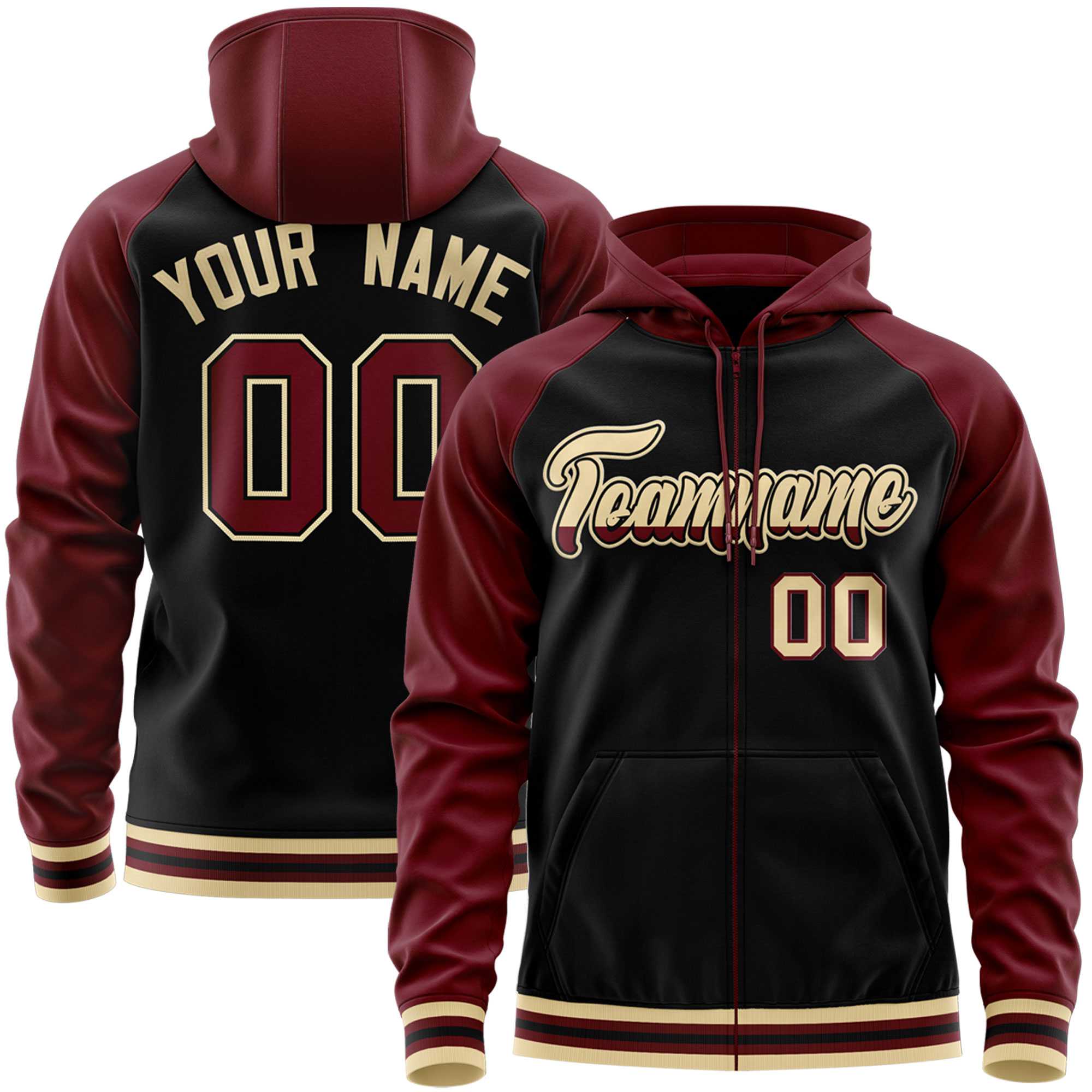 Custom Stitched Black Crimson Raglan Sleeves Sports Full-Zip Sweatshirt Hoodie| KXKSHOP