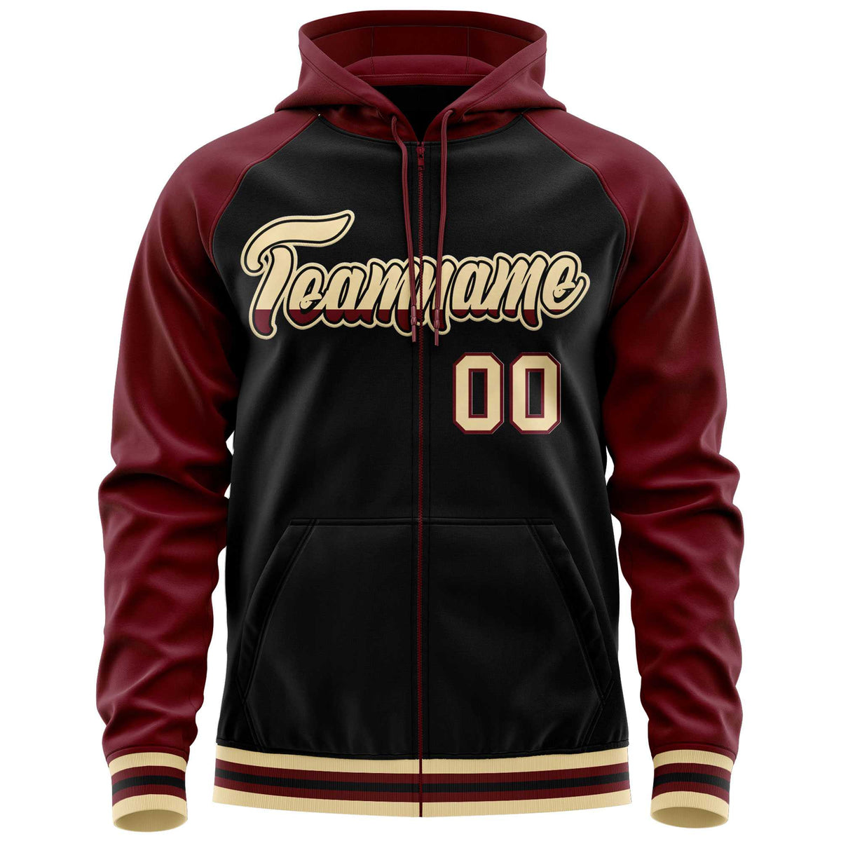 Custom Stitched Black Crimson Raglan Sleeves Sports Full-Zip Sweatshirt Hoodie| KXKSHOP