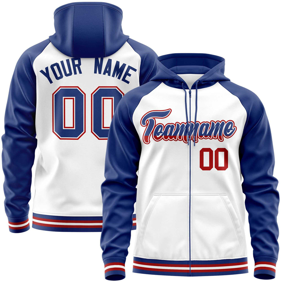 Custom Stitched White Royal Raglan Sleeves Sports Full-Zip Sweatshirt Hoodie| KXKSHOP