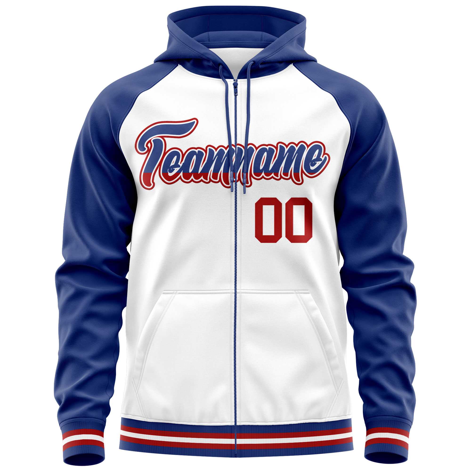Custom Stitched White Royal Raglan Sleeves Sports Full-Zip Sweatshirt Hoodie| KXKSHOP