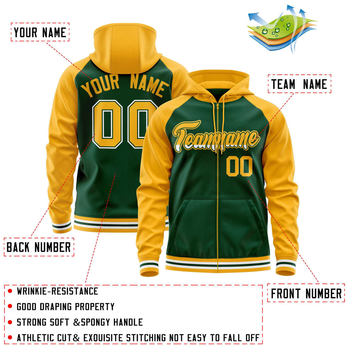 Custom Stitched Green Yellow Raglan Sleeves Sports Full-Zip Sweatshirt Hoodie| KXKSHOP