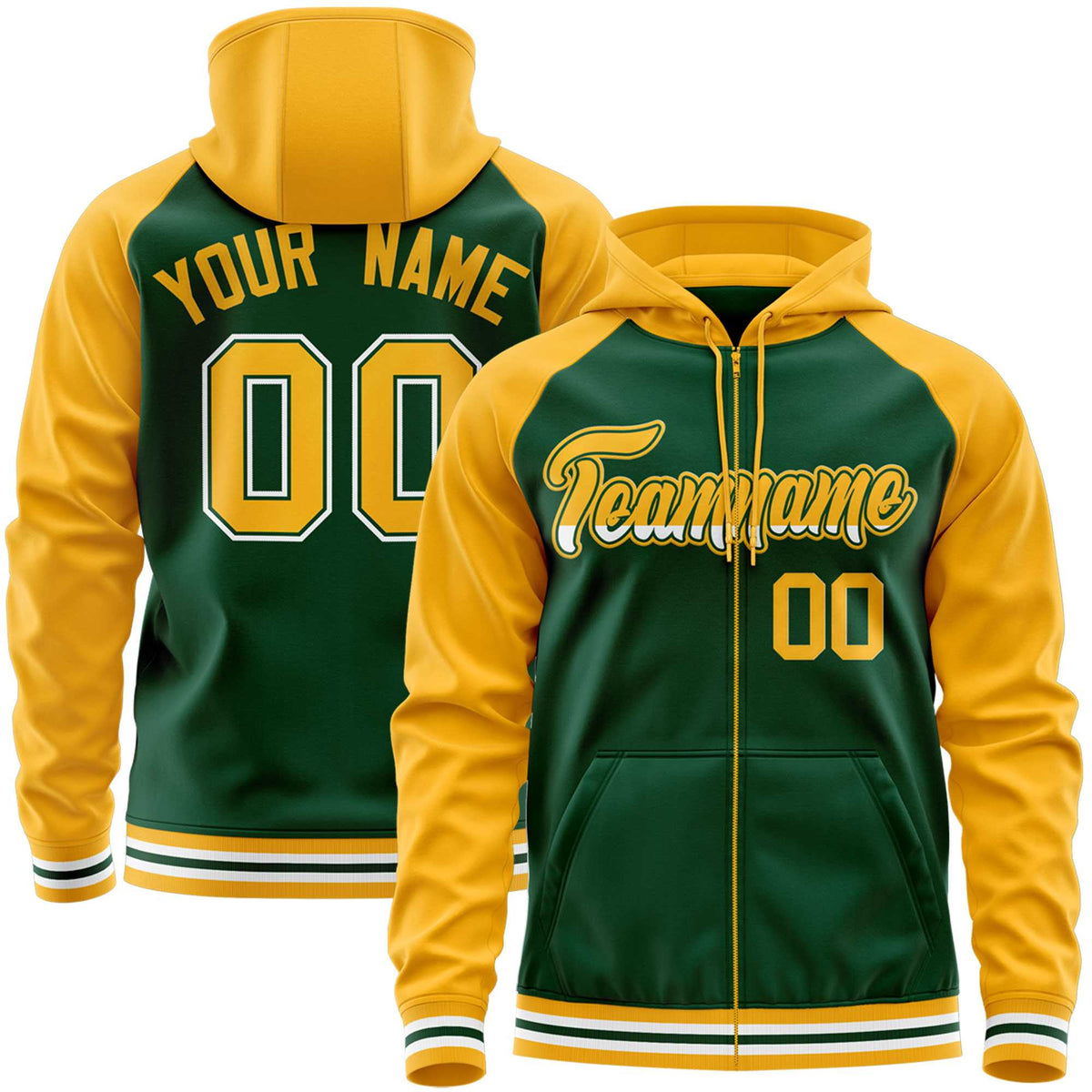 Custom Stitched Green Yellow Raglan Sleeves Sports Full-Zip Sweatshirt Hoodie| KXKSHOP