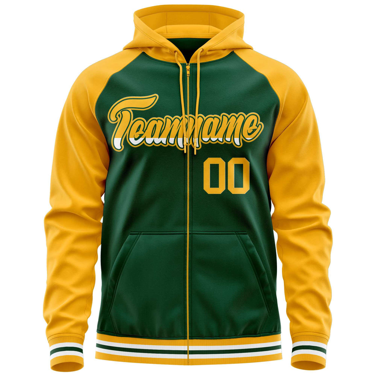 Custom Stitched Green Yellow Raglan Sleeves Sports Full-Zip Sweatshirt Hoodie| KXKSHOP