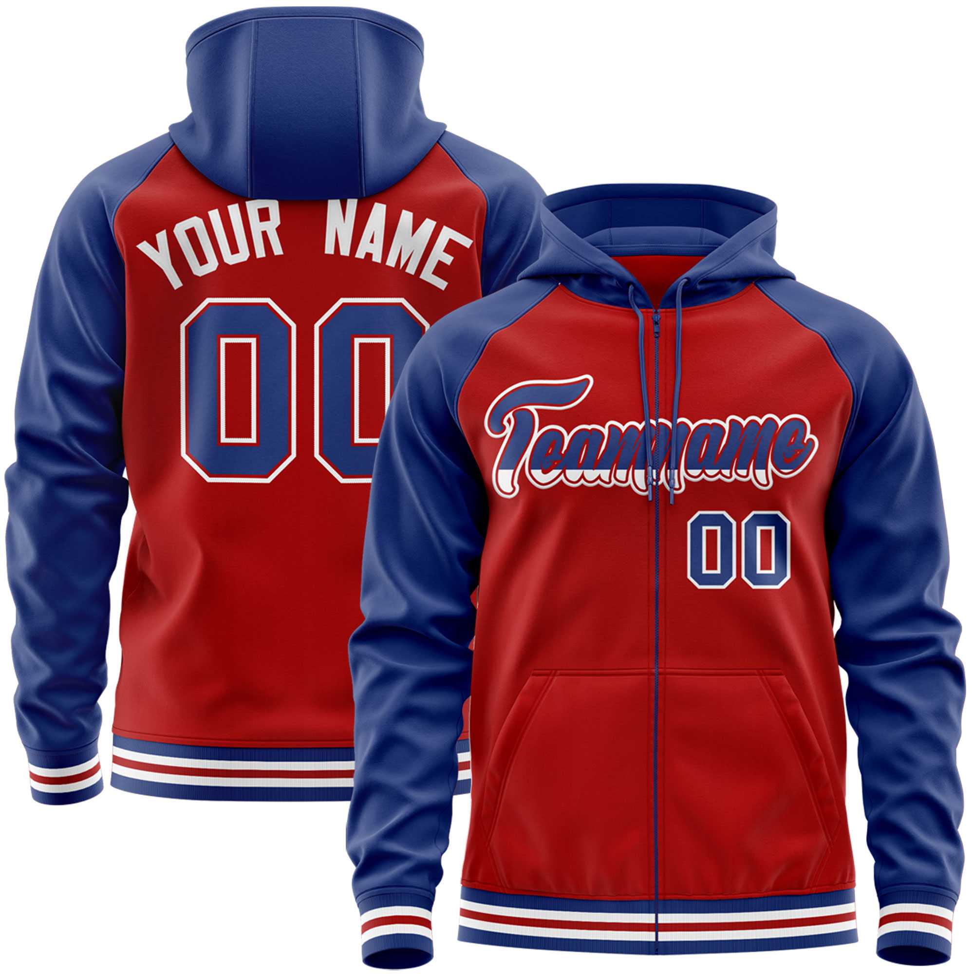 Custom Stitched Red Royal Raglan Sleeves Sports Full-Zip Sweatshirt Hoodie| KXKSHOP