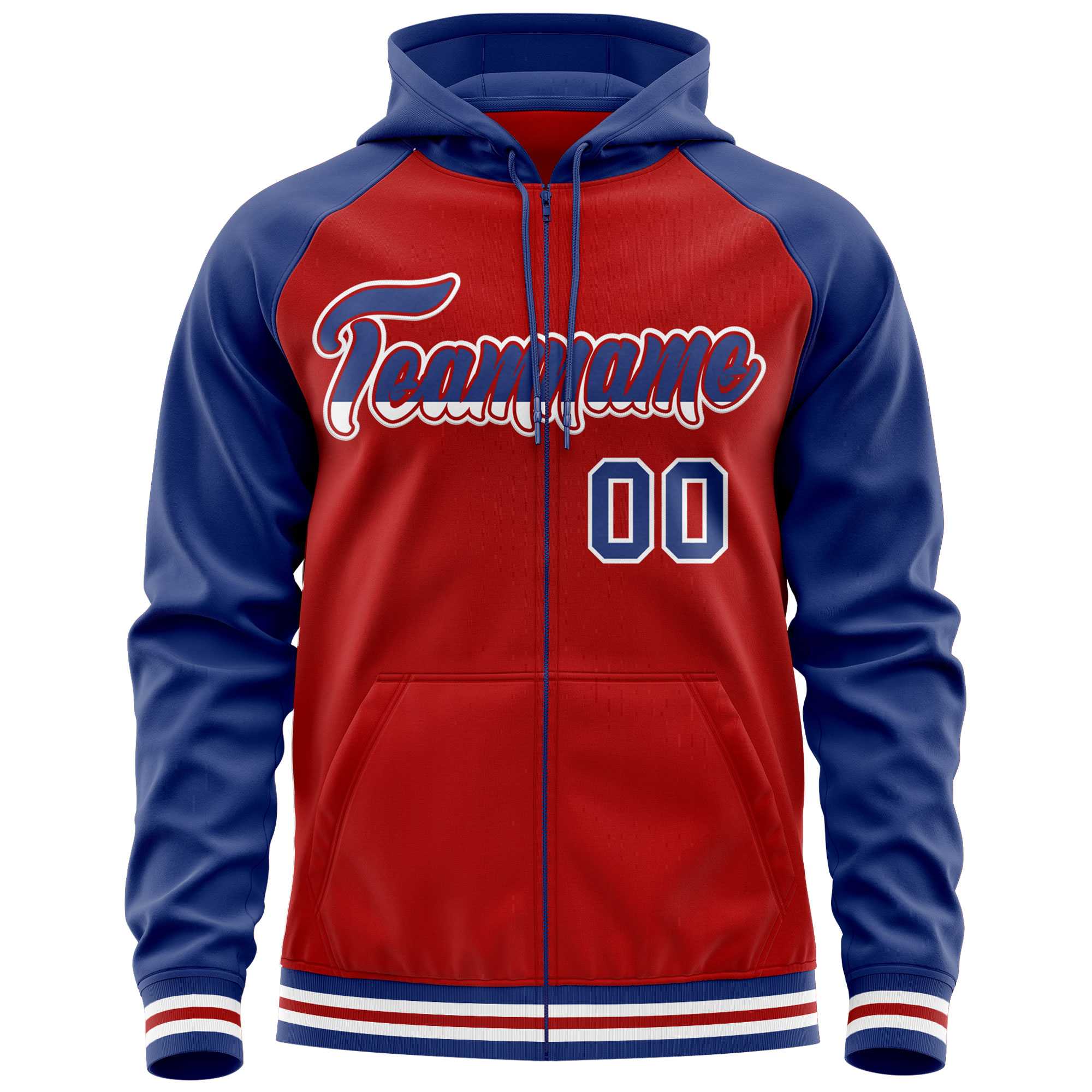 Custom Stitched Red Royal Raglan Sleeves Sports Full-Zip Sweatshirt Hoodie| KXKSHOP
