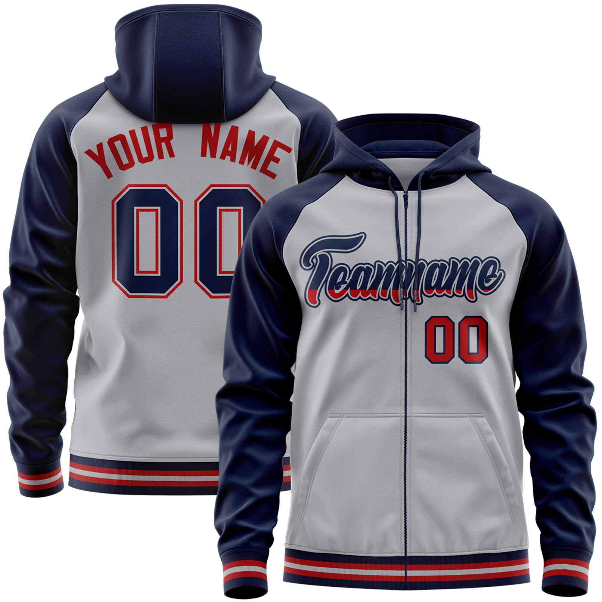 Custom Stitched Gray Navy Raglan Sleeves Sports Full-Zip Sweatshirt Hoodie| KXKSHOP
