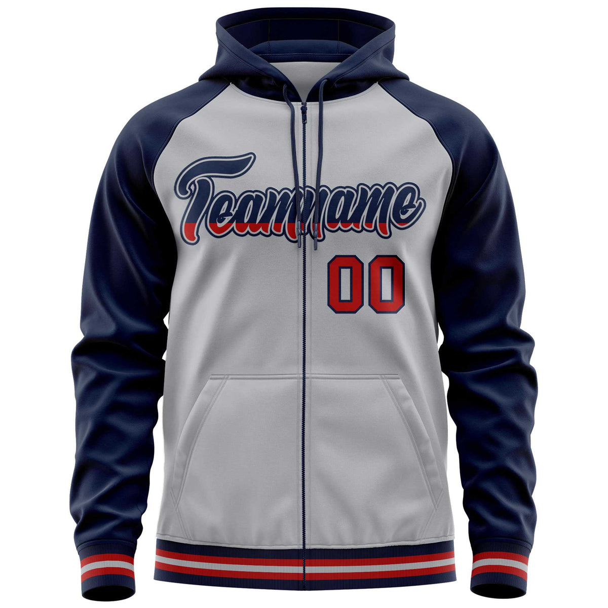 Custom Stitched Gray Navy Raglan Sleeves Sports Full-Zip Sweatshirt Hoodie| KXKSHOP