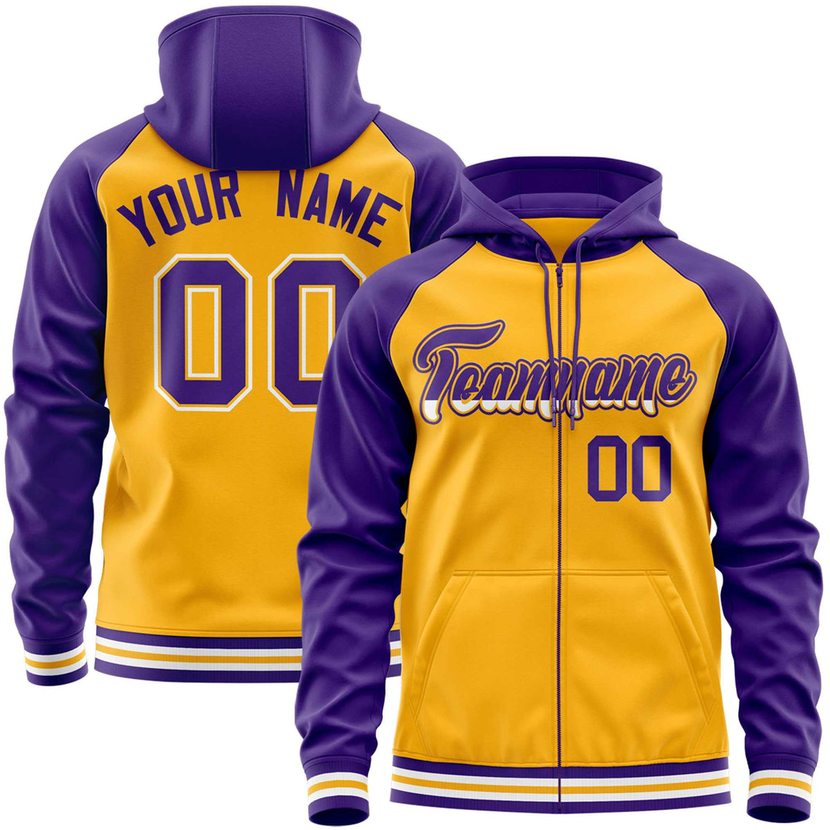 Custom Stitched Yellow Purple Raglan Sleeves Sports Full-Zip Sweatshirt Hoodie| KXKSHOP