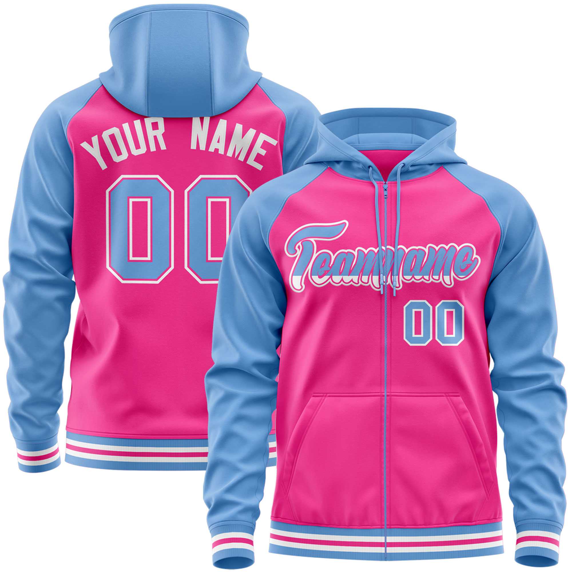Custom Stitched Pink Powder Blue Raglan Sleeves Sports Full-Zip Sweatshirt Hoodie| KXKSHOP
