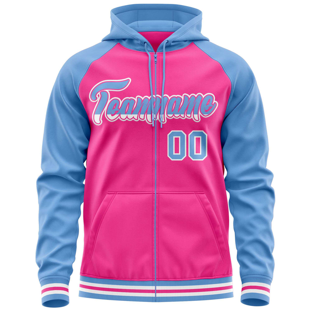 Custom Stitched Pink Powder Blue Raglan Sleeves Sports Full-Zip Sweatshirt Hoodie| KXKSHOP