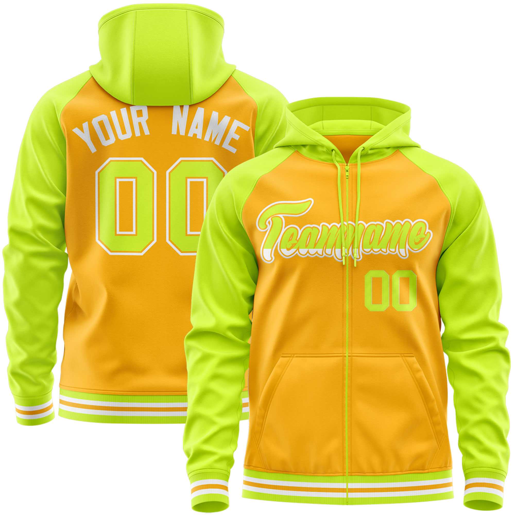Custom Stitched Yellow Neon Green Raglan Sleeves Sports Full-Zip Sweatshirt Hoodie| KXKSHOP