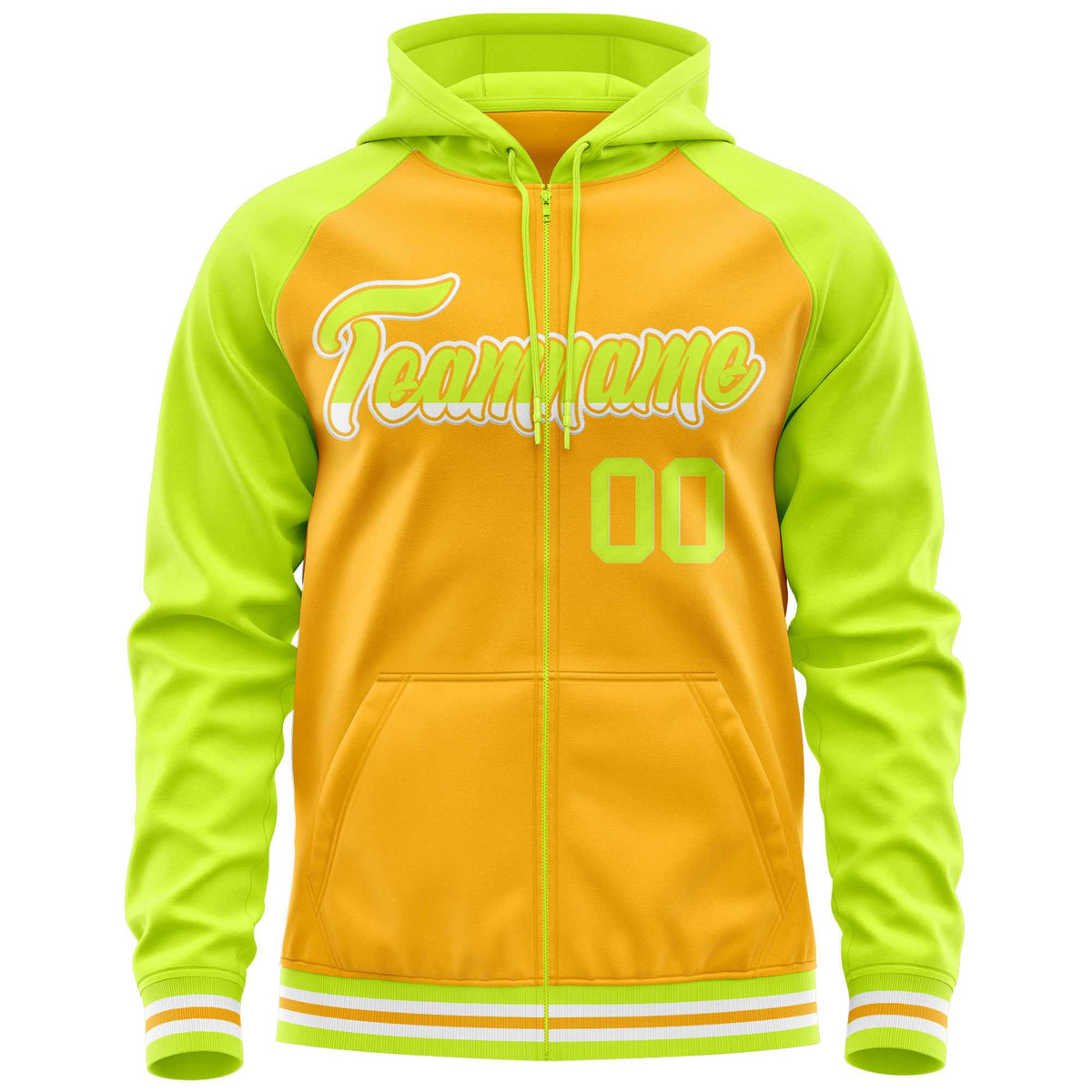 Custom Stitched Yellow Neon Green Raglan Sleeves Sports Full-Zip Sweatshirt Hoodie| KXKSHOP