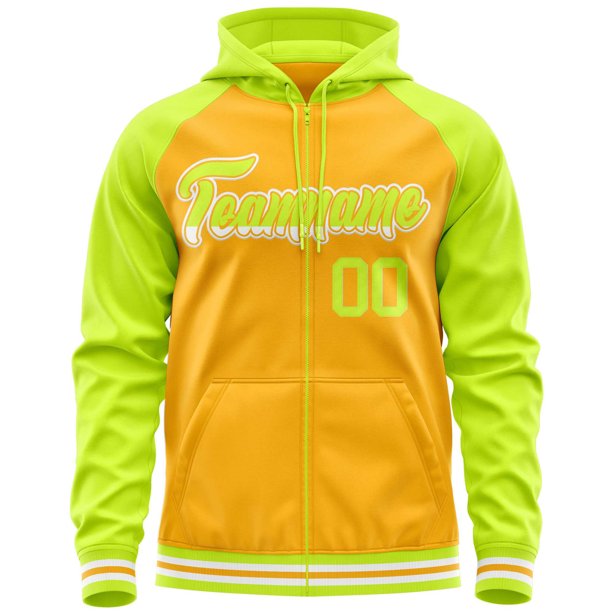 Custom Stitched Yellow Neon Green Raglan Sleeves Sports Full-Zip Sweatshirt Hoodie| KXKSHOP