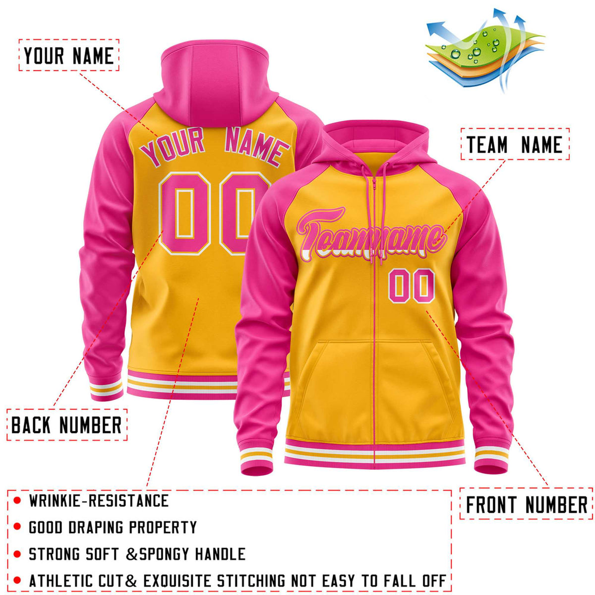 Custom Stitched Yellow Pink Raglan Sleeves Sports Full-Zip Sweatshirt Hoodie| KXKSHOP