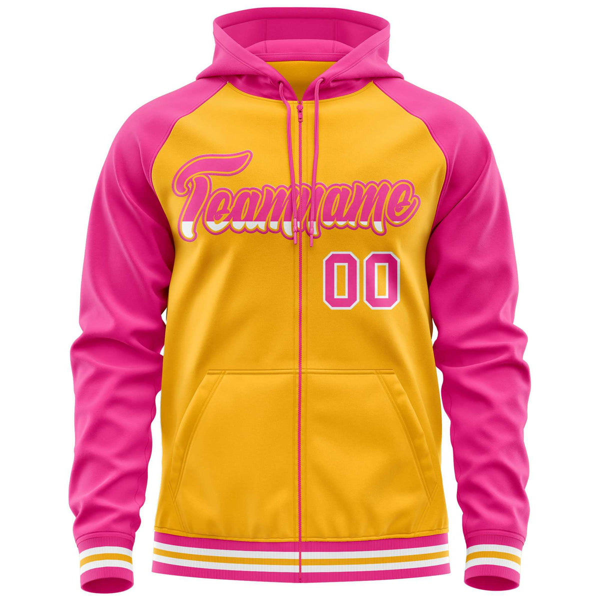 Custom Stitched Yellow Pink Raglan Sleeves Sports Full-Zip Sweatshirt Hoodie| KXKSHOP
