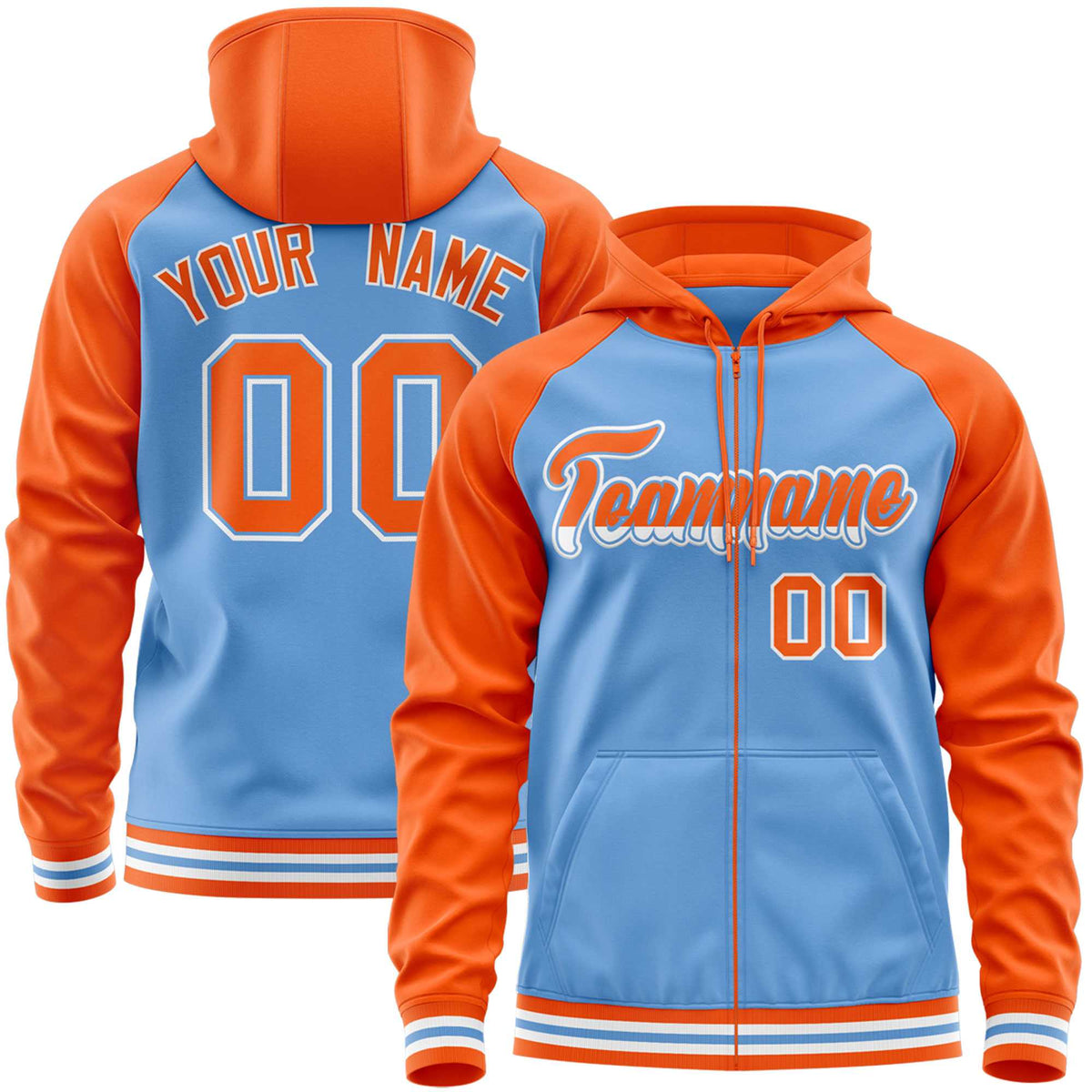 Custom Stitched Powder Blue Orange Raglan Sleeves Sports Full-Zip Sweatshirt Hoodie| KXKSHOP