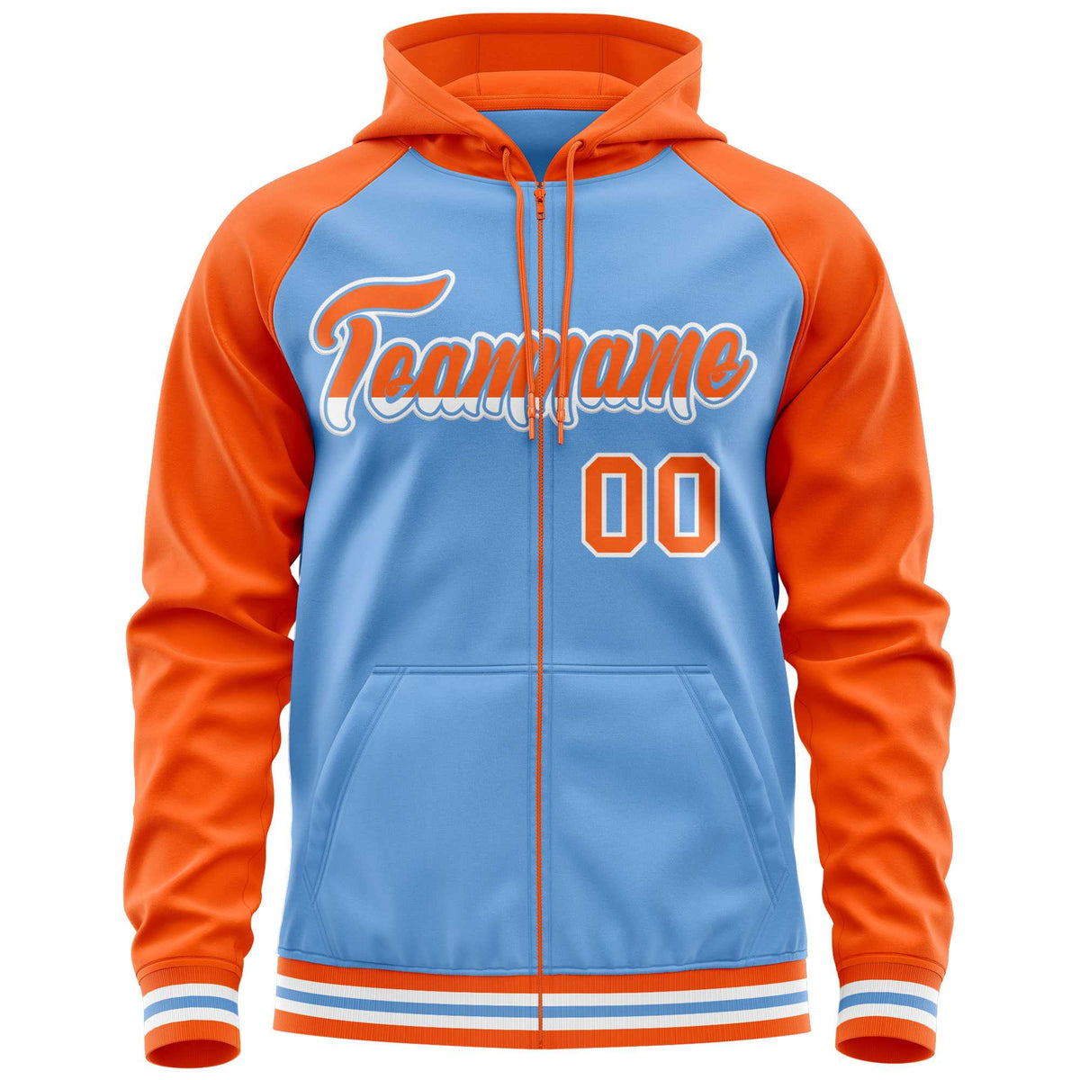 Custom Stitched Powder Blue Orange Raglan Sleeves Sports Full-Zip Sweatshirt Hoodie| KXKSHOP